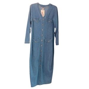 Vintage LEAD 100% Cotton Blue Denim Button Down Long Sleeve Dress Size Large